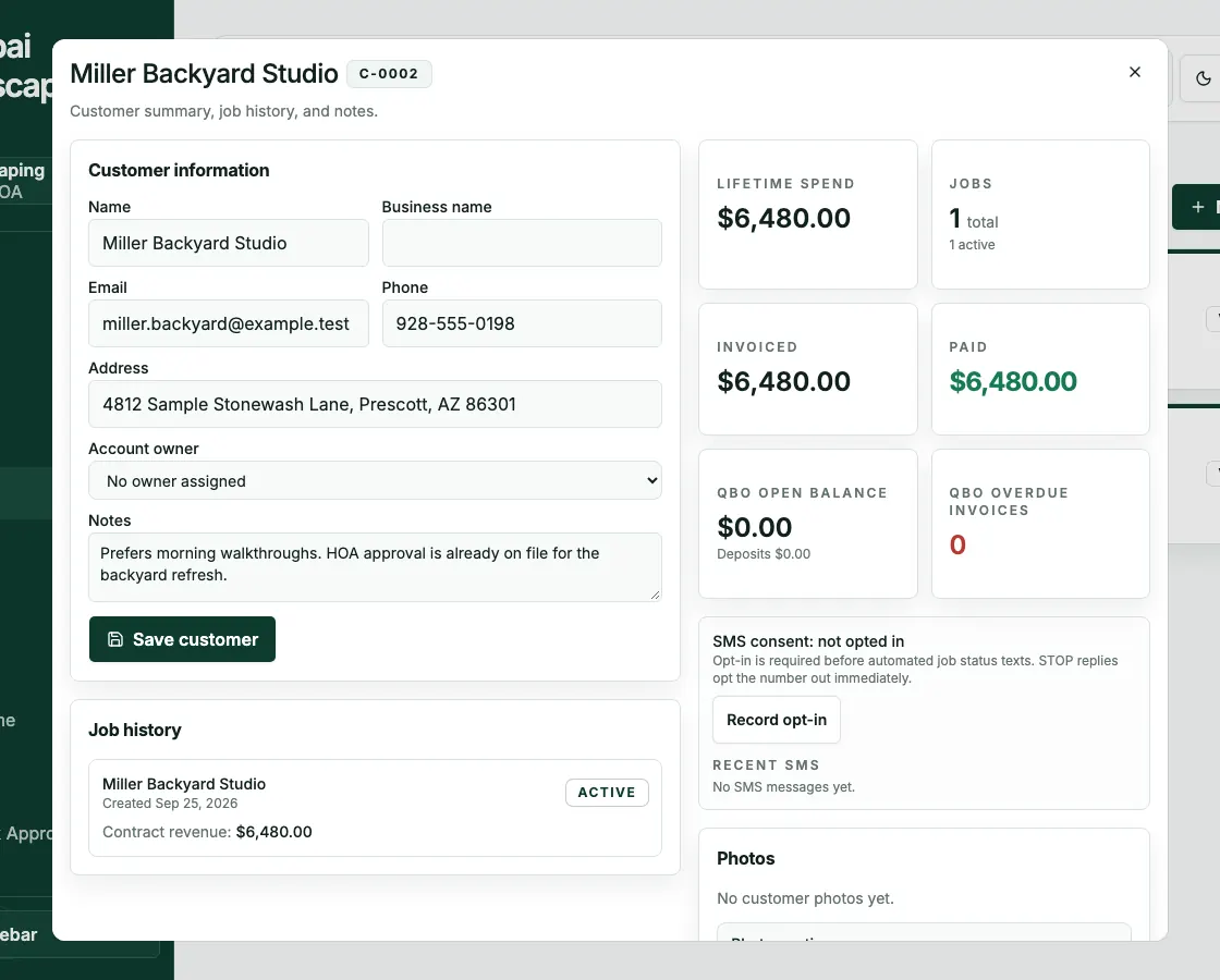 Yavland customer record showing sample job history, invoiced and paid totals, and customer notes