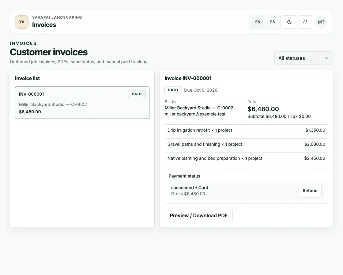 Yavland invoice view showing a paid sample invoice with line items and payment status
