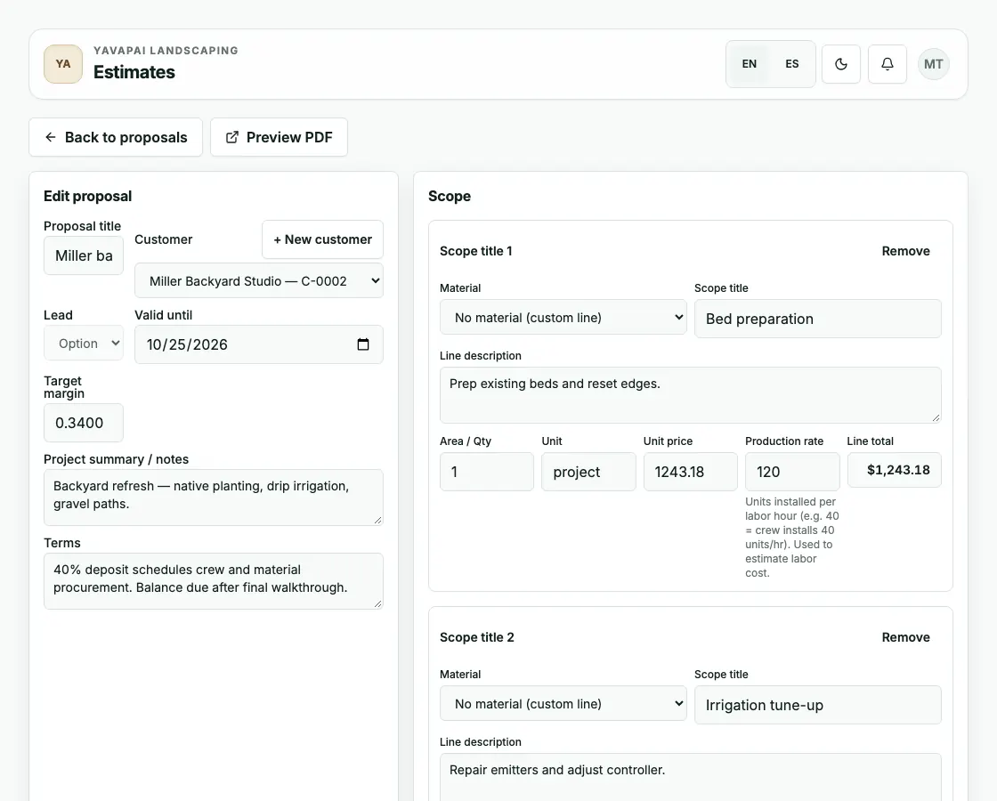 Yavland proposal editor showing sample backyard-refresh scope lines, terms, and a PDF preview action